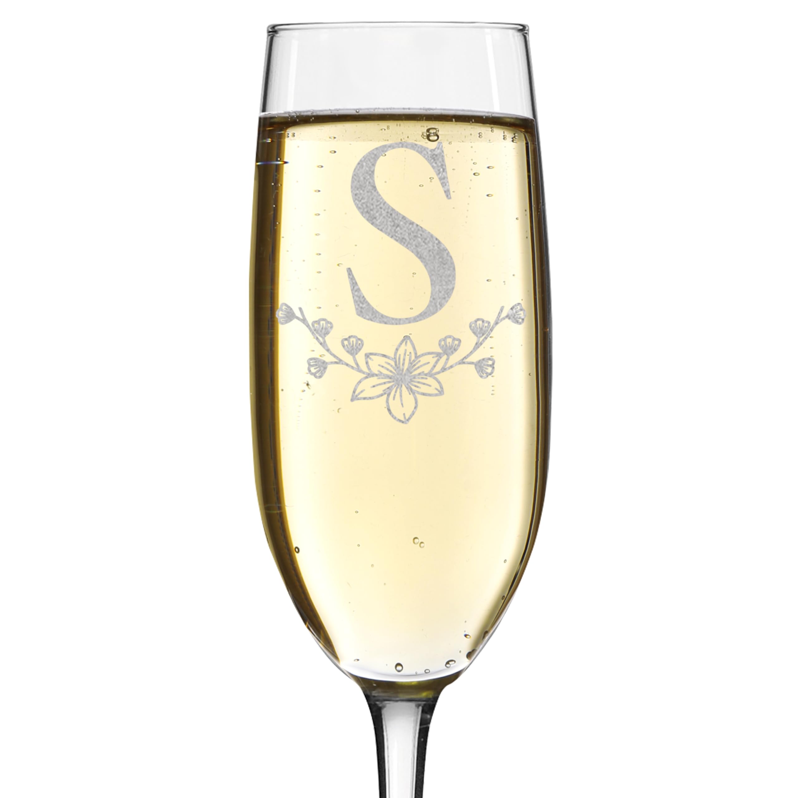 Flûte à champagne gravée initiales florales 237ml avec coffret (S)
