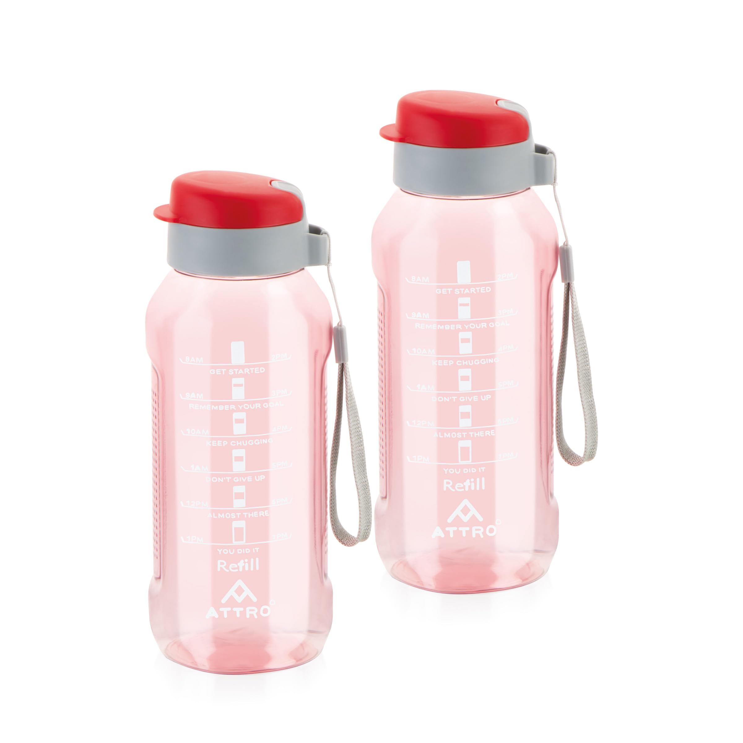 ATTRO Ultra Pro Motivational 1-Liter BPA-Free Water Bottle with Leak-Proof Flip-Top Cap, Nylon Strap and Stylish Color for Daily Hydration Set of 2 Red