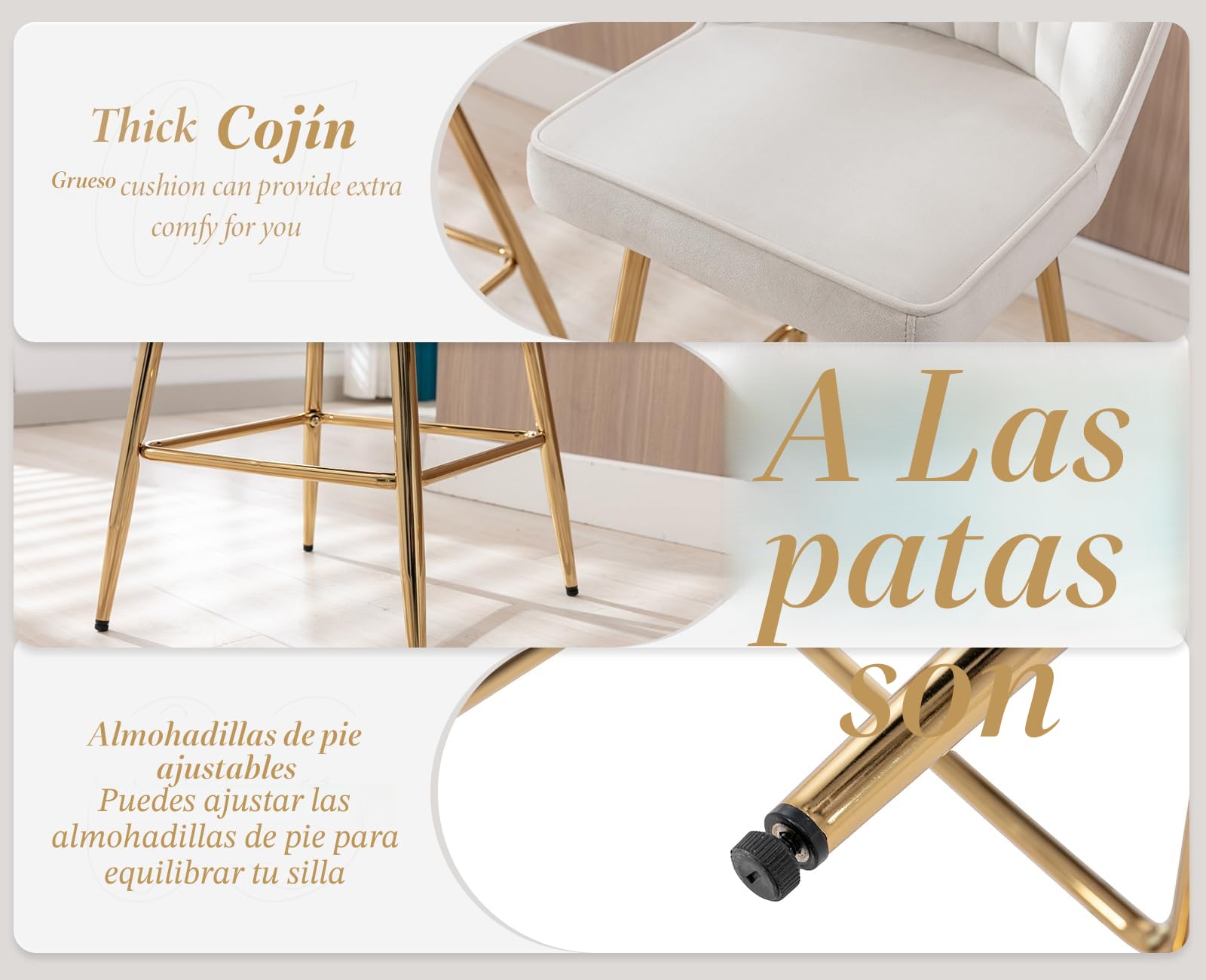 chairus 2PCS Taburetes de Bar Terciopelo con Patas Doradas, Beige | Sillas Barra Altas, Modernos con Cojín Suave, Para Hogar/Isla de Cocina