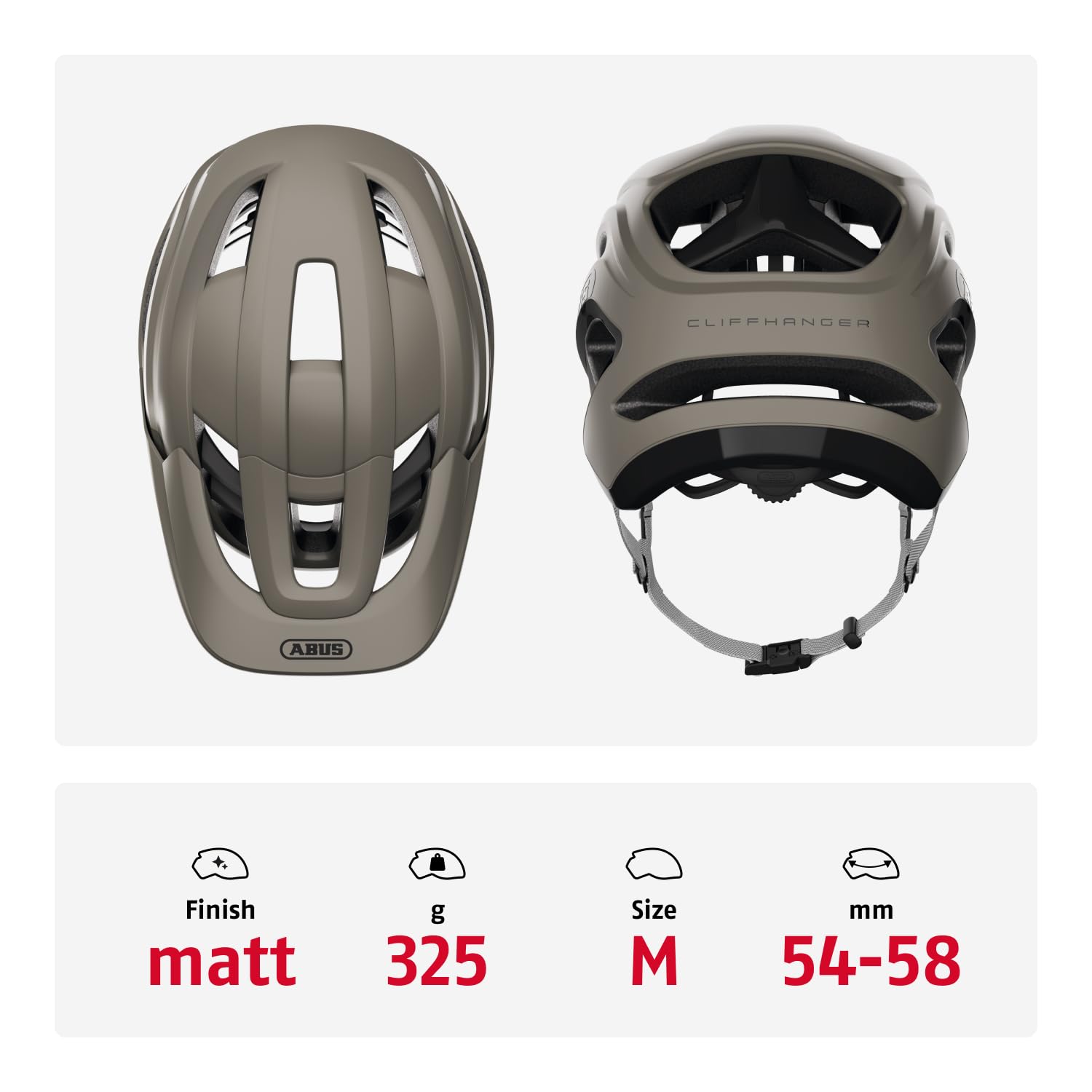 ABUS Cliffhanger Casco MTB, Dust Grey, Talla M | Casco MTB para singletrail y enduro, cierre magnético, visera ajustable, almohadillas lavables