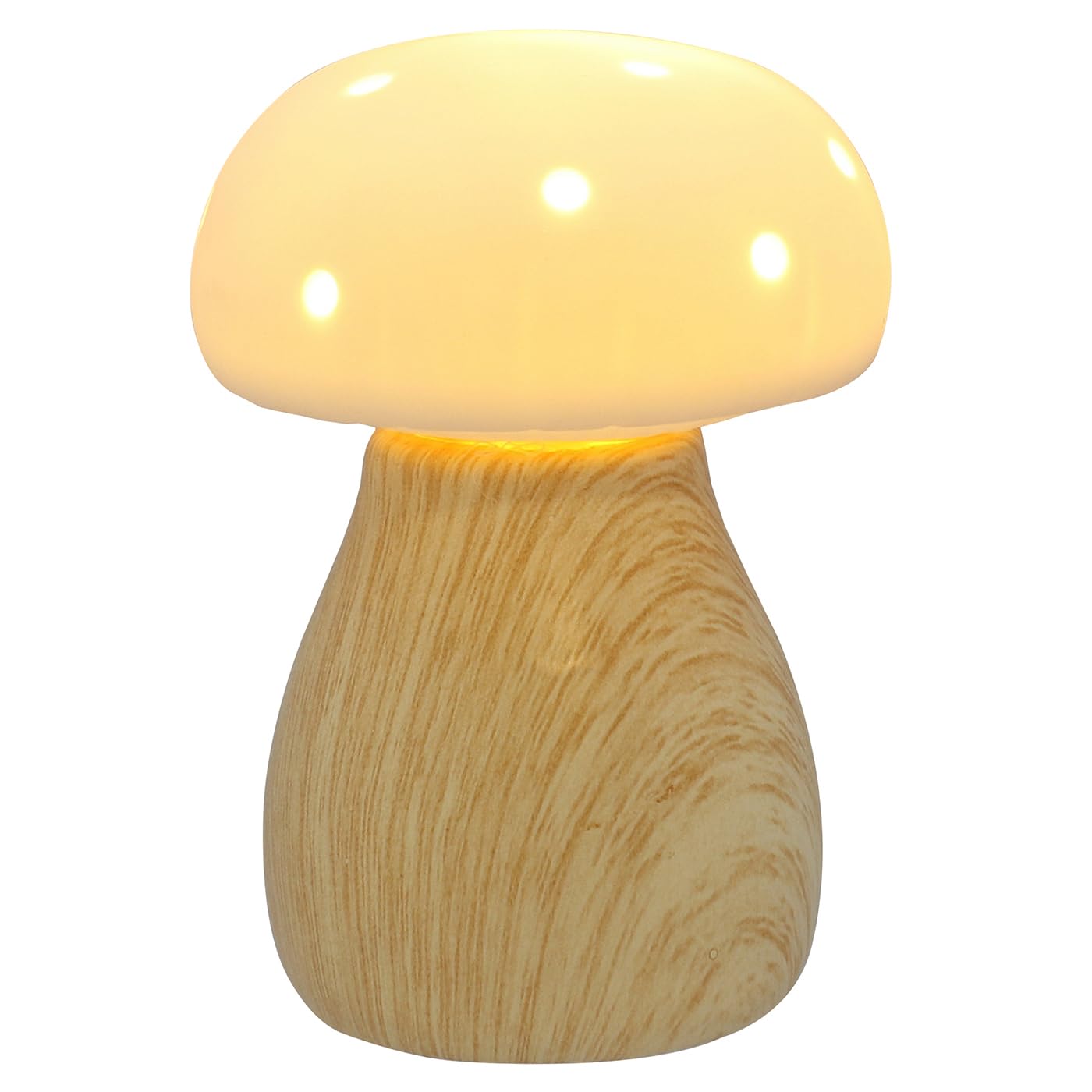 Shudehill Giftware Mushroom Glow Small Lamp Ornament with Ceramic Wooden Painted Base and Cream Neutral Top - Button Design