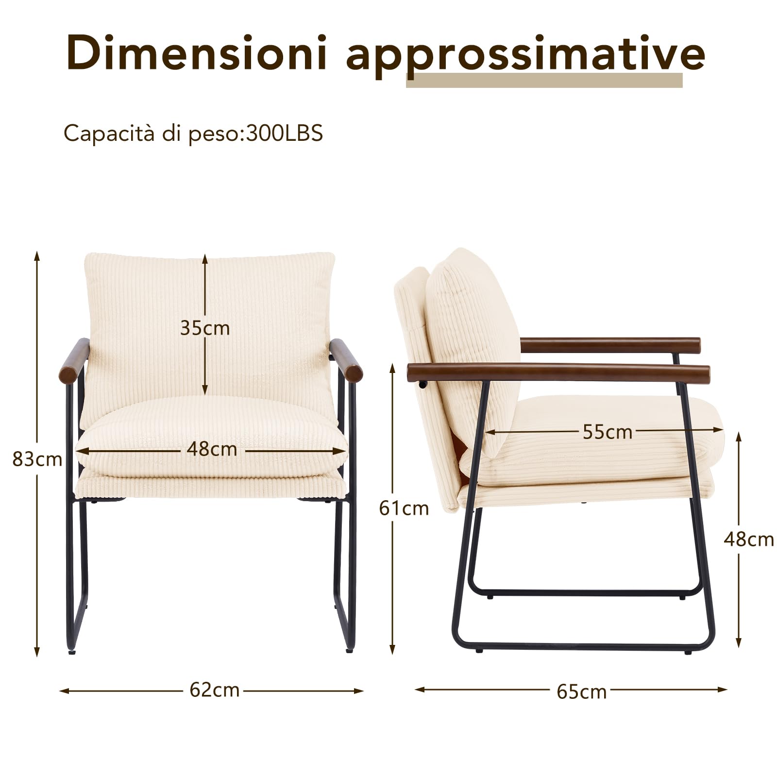 Set di 2 Poltrona Salotto Scandinava, Poltrona Camera da Letto con struttura in metallo, Poltroncina Imbottita con Braccioli per Soggiorno Camera da Letto Sale da Pranzo, Beige