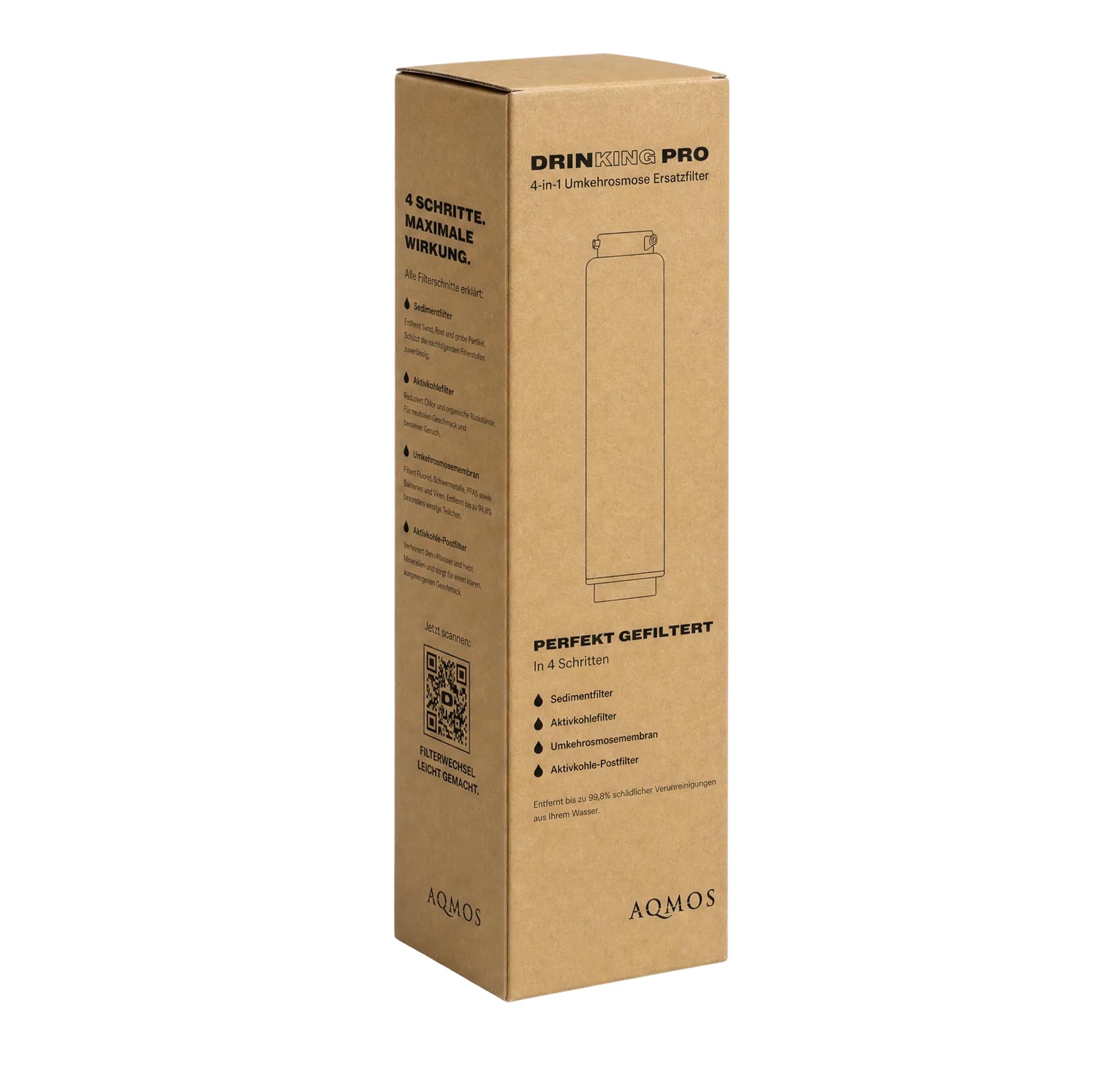 Aqmos Ersatzfilter für DrinKing Pro – 4-in-1 Umkehrosmose, 12 Monate, Original-Filterkartusche für Auftisch-Wasserspender, Wechsel ohne Werkzeug