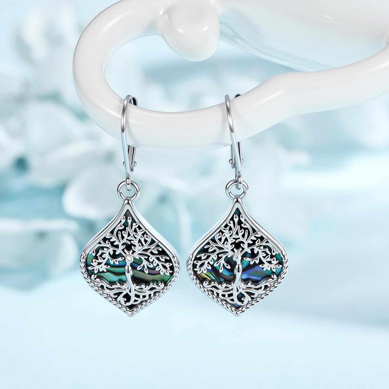 KiiKii Abalone Earrings 925 Sterling Silver Tree of Life/Lotus/Sunflower Dangle Leverback Earrings Abalone Shell Jewelry Gifts for Women - Image 2