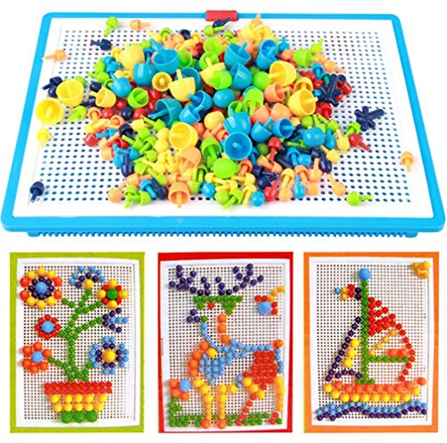 296 pcs Jigsaw Puzzle Mix Colour Mushroom Nails Pegboard Educational Building Blocks Bricks Creative DIY Mosaic Toys 3D Games Birthday Christmas Party Gift for Kids Children Age Over 3 Years Old