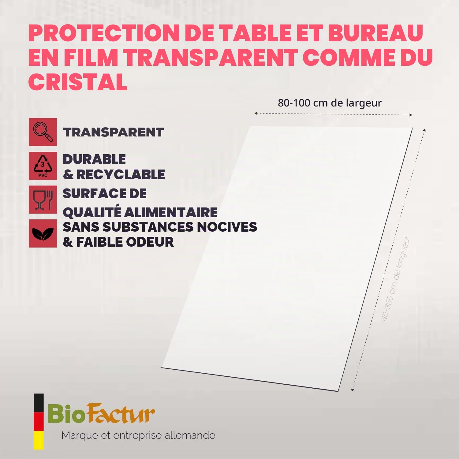 Film de table transparent sur mesure - Nappe transparente de 2 mm - Protection de table transparente - Lavable - Bord droit - 80 x 120 cm