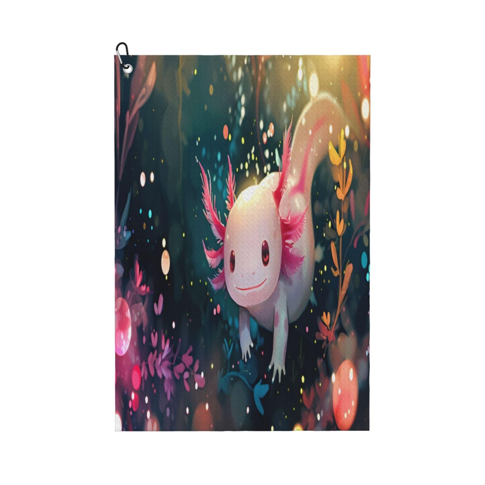 AOOEDM Whimsical AxolotlPrint Golf Towel with Carabiner Clip Absorbent Microfiber Golf Towel for Cleaning Golf Ball Club Putter Iron for Golf Bag Trolly Belt Loop 16" X 24"