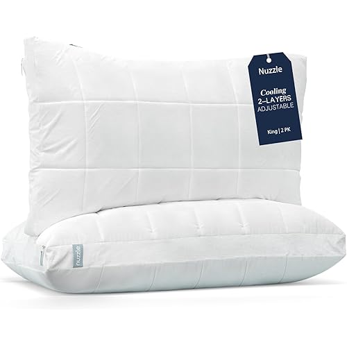 Nuzzle Cooling Adjustable Pillows for Side Sleepers, Luxury King Size Set of 2 Bed Pillows Hotel Collection - Best Adjust Height Soft Firm Pillows for Back, Stomach and Side Sleepers