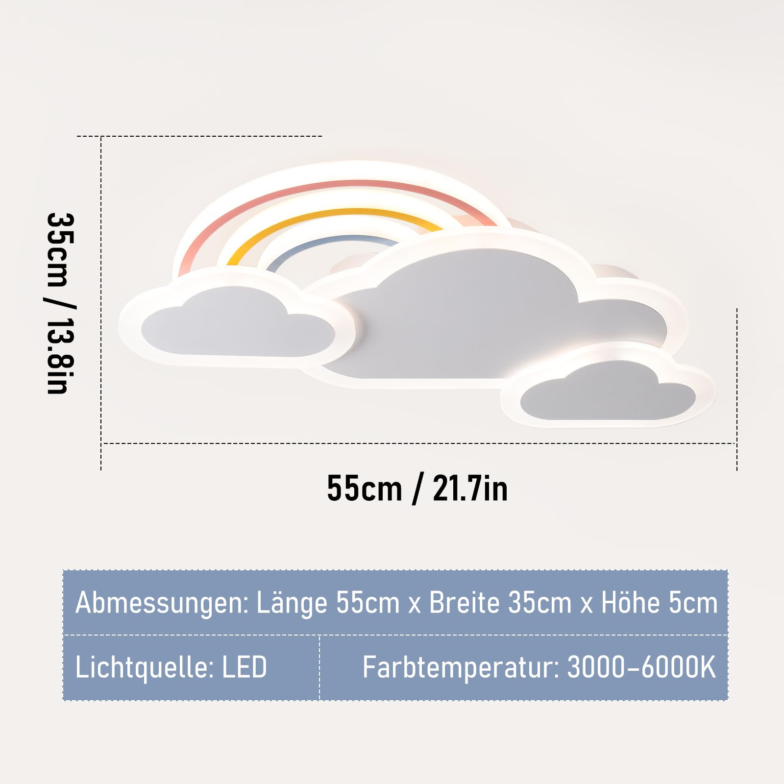 Plafoniera Cameretta Bambini 55cm/30W Dimmerabile Nuvole Arcobaleno Lampada da Soffitto con Telecomando＆APP, Lampade a Soffitto Bambini Ragazzi Ragazze Cameretta, Bianco