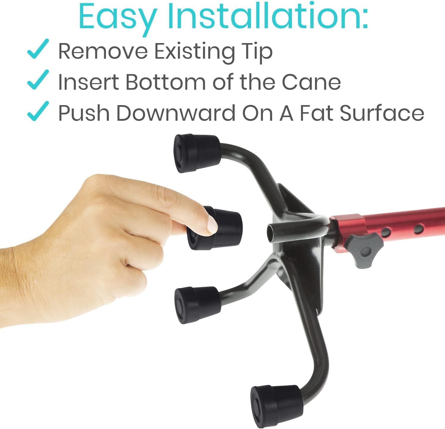 Vive Quad Cane Tips (Set of 4) - Heavy Duty 1/2 inch Replacement Rubber Foot - Black Attachment Base Grip - Accessories for Walking and Standing Stick - Durable End for Women, Men, Seniors, Elderly