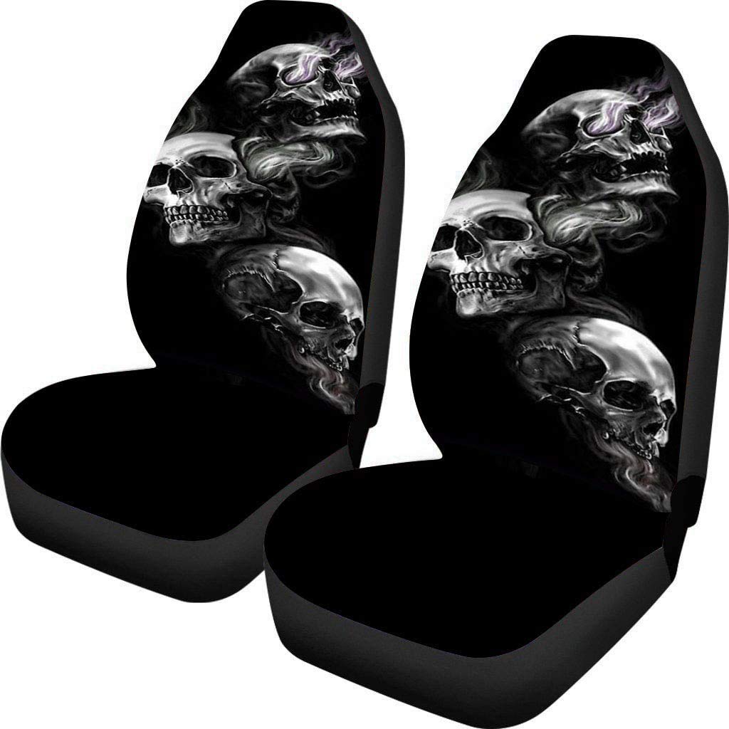 KEIAHUAN Skull Car Seat Covers Full Set of 2 Flat Fabric Car Seat Cover Automatic Seat Protector Universal Fit for Car SUV Truck Van (Black)