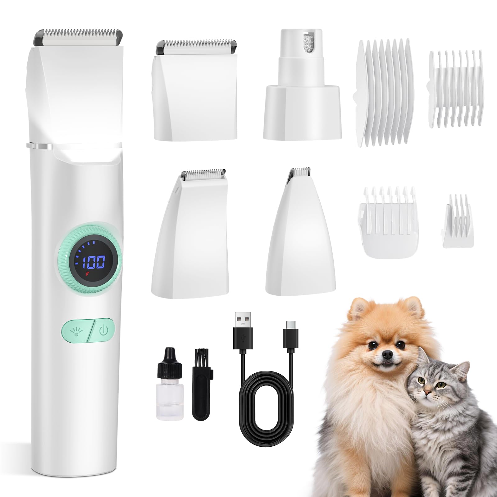 TBTeek Dog Grooming Clippers with LED Light,10-Level Speed 5-in-1 Cordless Dog Grooming Kit, Rechargeable Silent Dog Paw Trimmer Nail Clippers for Thick Hair Toenail Small Dog Pet 's feet
