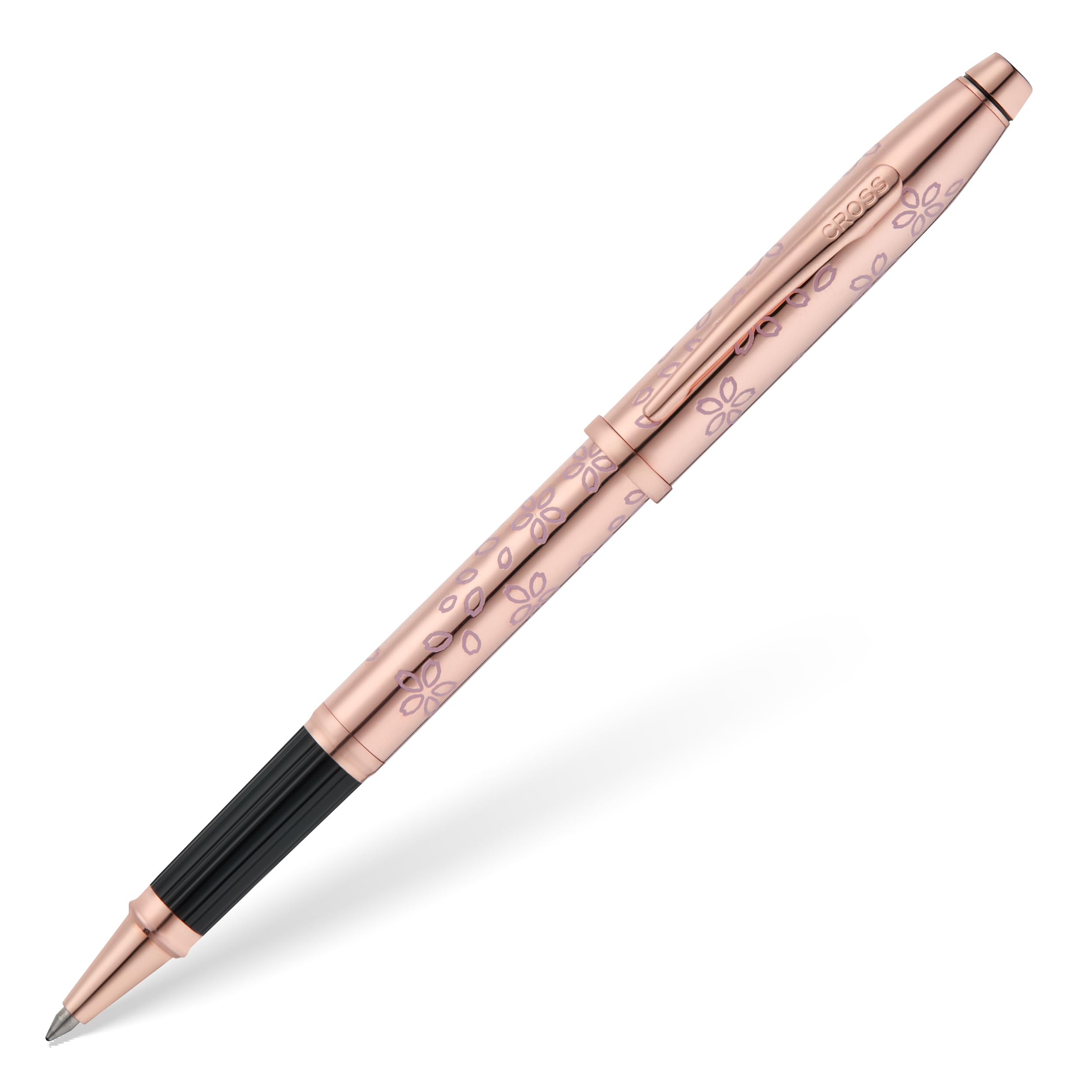 Cross Century II Cherry Blossom Stylo roller (trait M, couleur de l'encre : noir, avec boîte cadeau de qualité supérieure) Laqué or rose, ferrures en acier inoxydable plaqué or rose