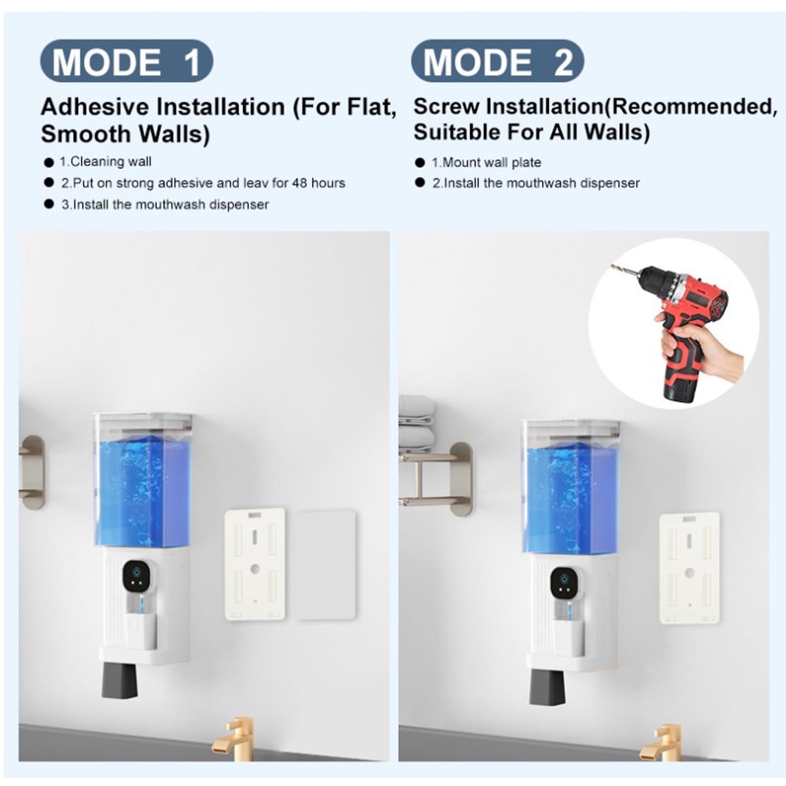 Dispenser Automatico per Collutorio con Rilevamento Intelligente e 2 Tazze per Bagno, Dispenser Intelligente da Parete con capacità di 700 Ml per Bambini e Adulti