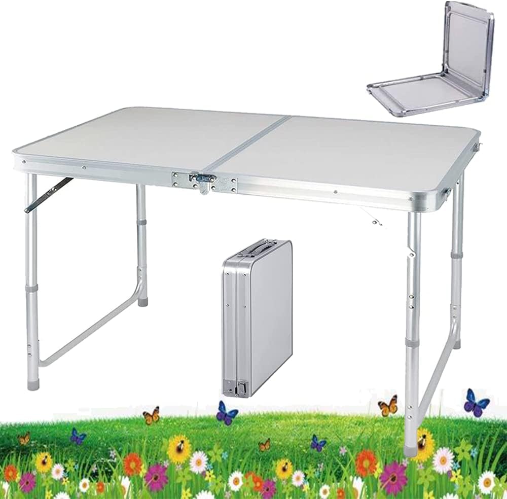 4ft Pop-Up Trestle Table Aluminum Rectangle Camping Folding Table Portable Adjustable Garden Outdoor Picnic Table Kitchen Work Top Table, White, 120x60x70/62/55cm