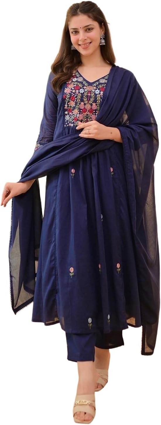 DREAMANGEL FASHION Womens Indian Style Kurta Set Embroidery Solid Silk Anarkali Kurta Pant And Dupatta