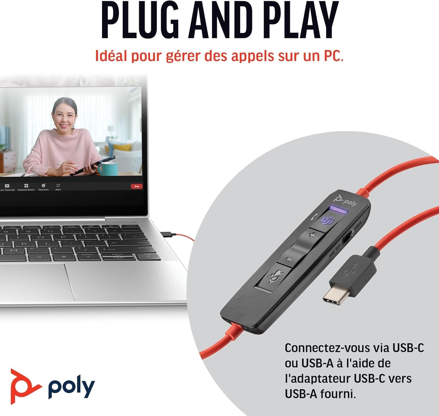 Micro-casque filaire haut de gamme Poly Blackwire 8225 – Annulation active du bruit – Son binaural hi-fi - Connexion à un PC/Mac - Certifié Microsoft Teams