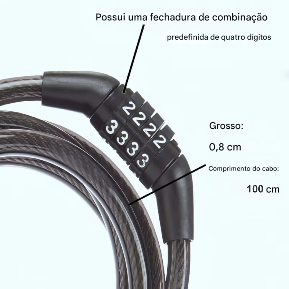 Cadeado de Segurança 120cm com Senha Numérica 4 dígitos para Bicicleta e Capacete, Cabo de Aço Revestido, Corrente Trava Antifurto Motos - Resistente, Reforçado, Segredo, Aço de Liga 8mm de espessura