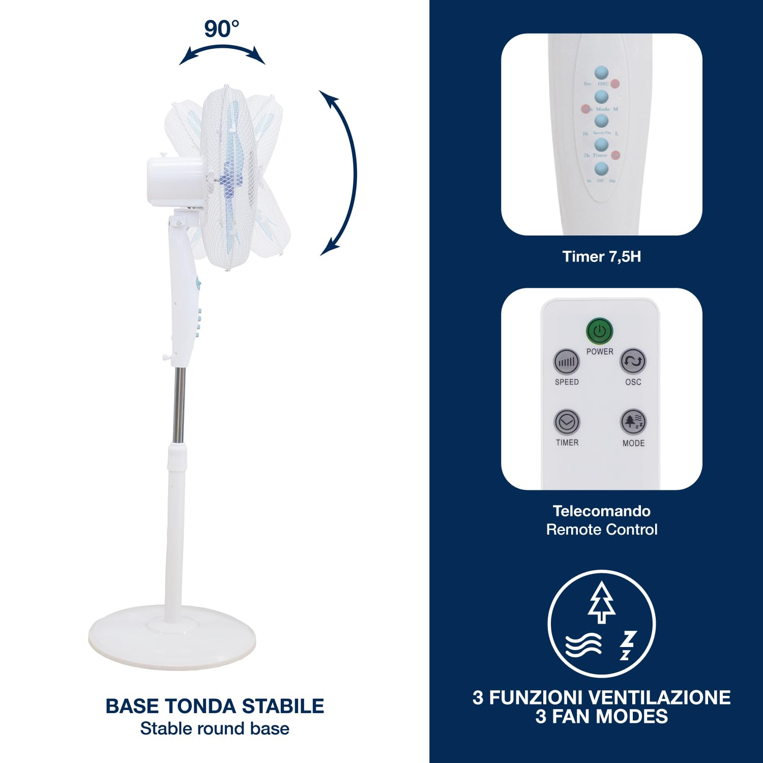 BEPER P206VEN133 Ventilateur sur pied avec télécommande, 40 cm, 5 pales, 3 vitesses et 3 modes, minuterie 7,5 h, oscillation, hauteur réglable jusqu'à 125 cm