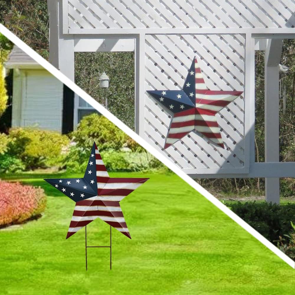 Patriotic Metal Star Hanging Wall Decor 3D Dimensional Star Barn Garden Stake Outdoor Indoor for 4th of July Independence Day Veterans Day Decoration