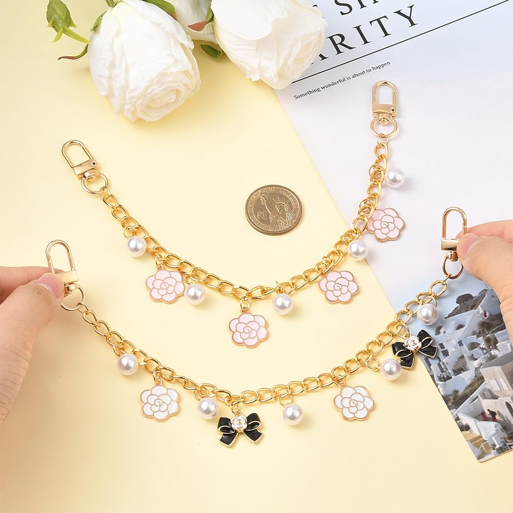 SUNNYCLUE 1 Box 2pcs 27cm Flower Bag Chain Floral Purse Chain Brass Gold Metal Alloy Enamel Spring Flowers Black Bowknot Extender Bag Straps for Women Adults Underarm Crossbody Handbag Bags Decoration - Image 4