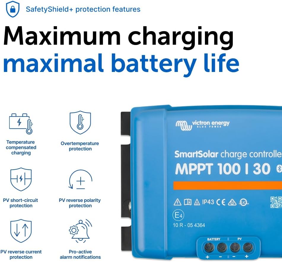Victron Energy SmartSolar MPPT Solar Charge Controller (Bluetooth) - Charge Controllers for Solar Panels - 100V, 30 amp, 12/24-Volt