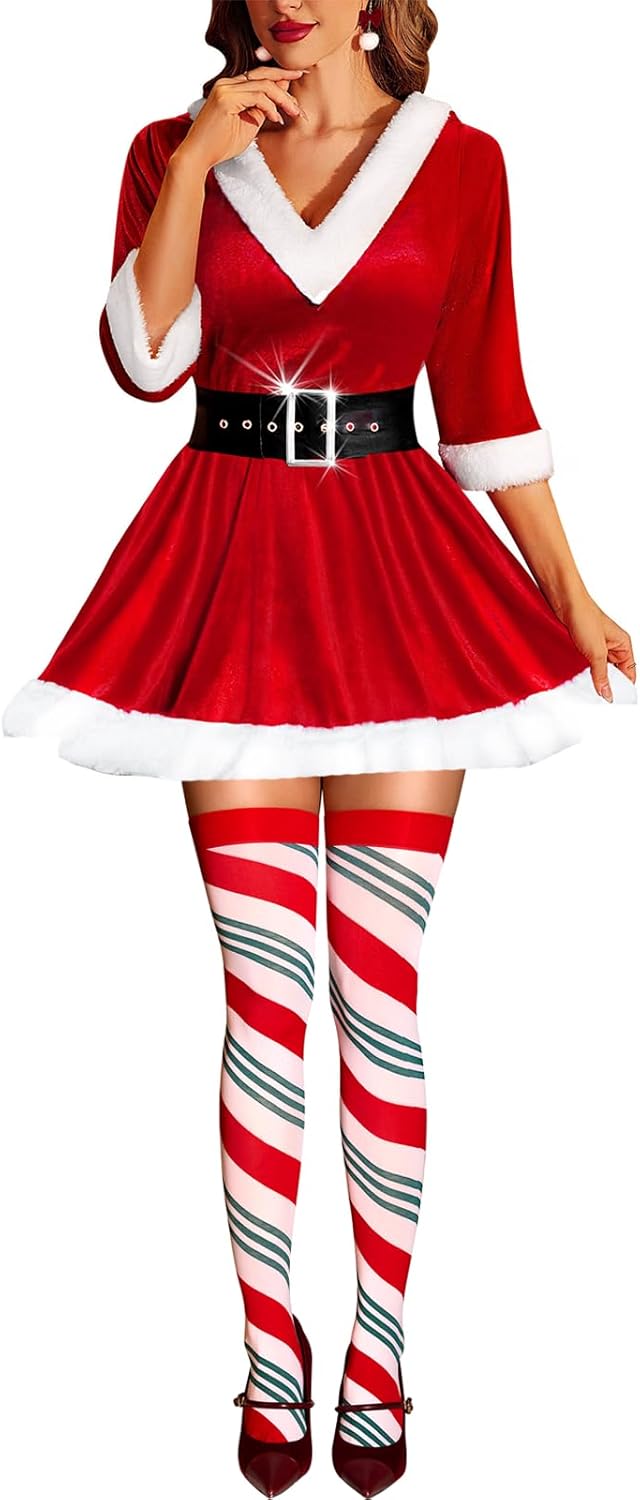 RSLOVE Christmas Lingerie for Women and Christmas Thigh High Stockings
