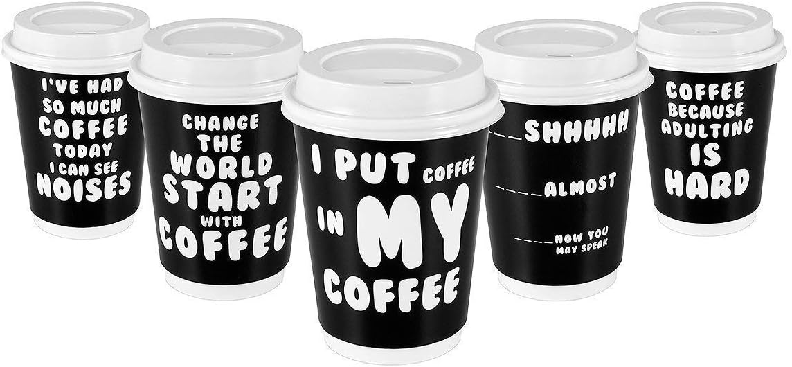 Premium 12oz Disposable Paper Coffee Cups With Lids (50ct) - 5 Fun Quotes in Each Pack - Make Your Own Coffee or Tea With These Paper Coffee Cups - Insulated Double Wall - No Need For Sleeves