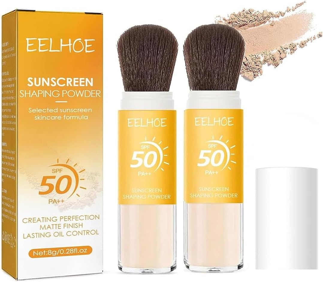 Baorder Minerale Zonwering Setting Powder, SPF 50 PA ++ Powder Zonwering, Control Oil Natural Matte Finish, Duurzaam Lichtgewicht Ademend Zonwering Poeder met kwast (16g, 2PCS)