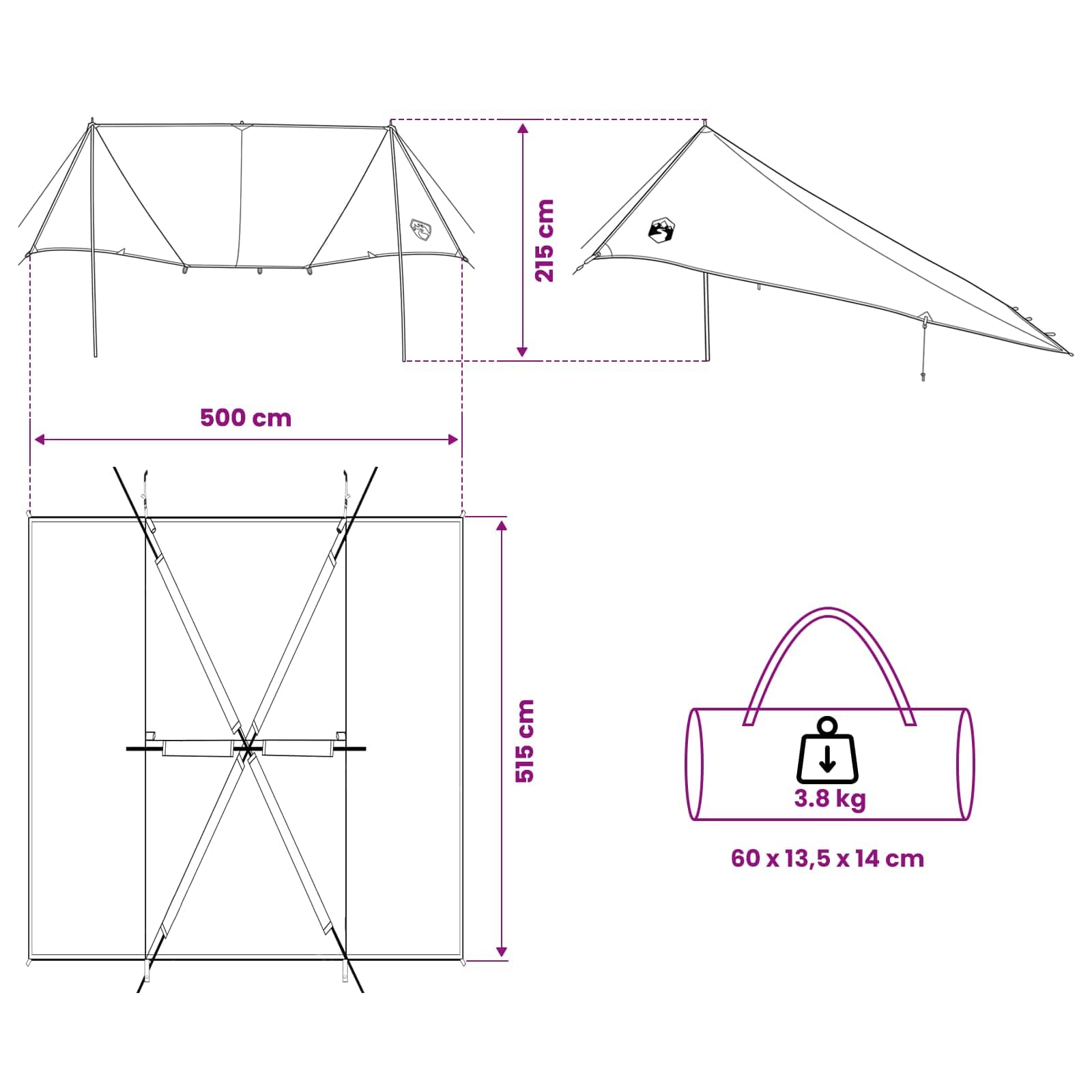 Vordach für Auto, Polyester, Stahl, 518 x 580 x 215 cm, Armeegrün | Komplettes Set mit 8 Abspannseilen, 8 Heringen, Tragetasche, wasserdicht, einfache Montage
