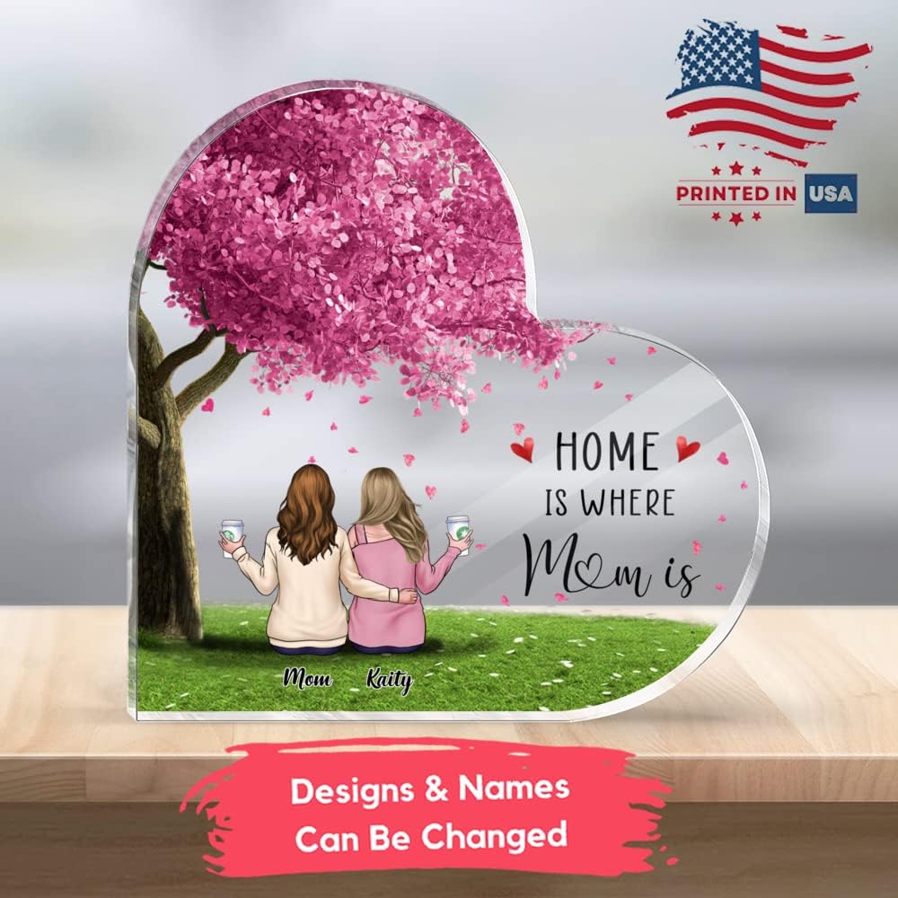 Gossby Personalized Heart-shaped Acrylic Mom Plaque - Custom Gifts For Mom From Daughters With Design, Name - Christmas, Mothers Day Mom Gifts For Her - Home Decor - Home Is Where Mom Is - 1 Daughter