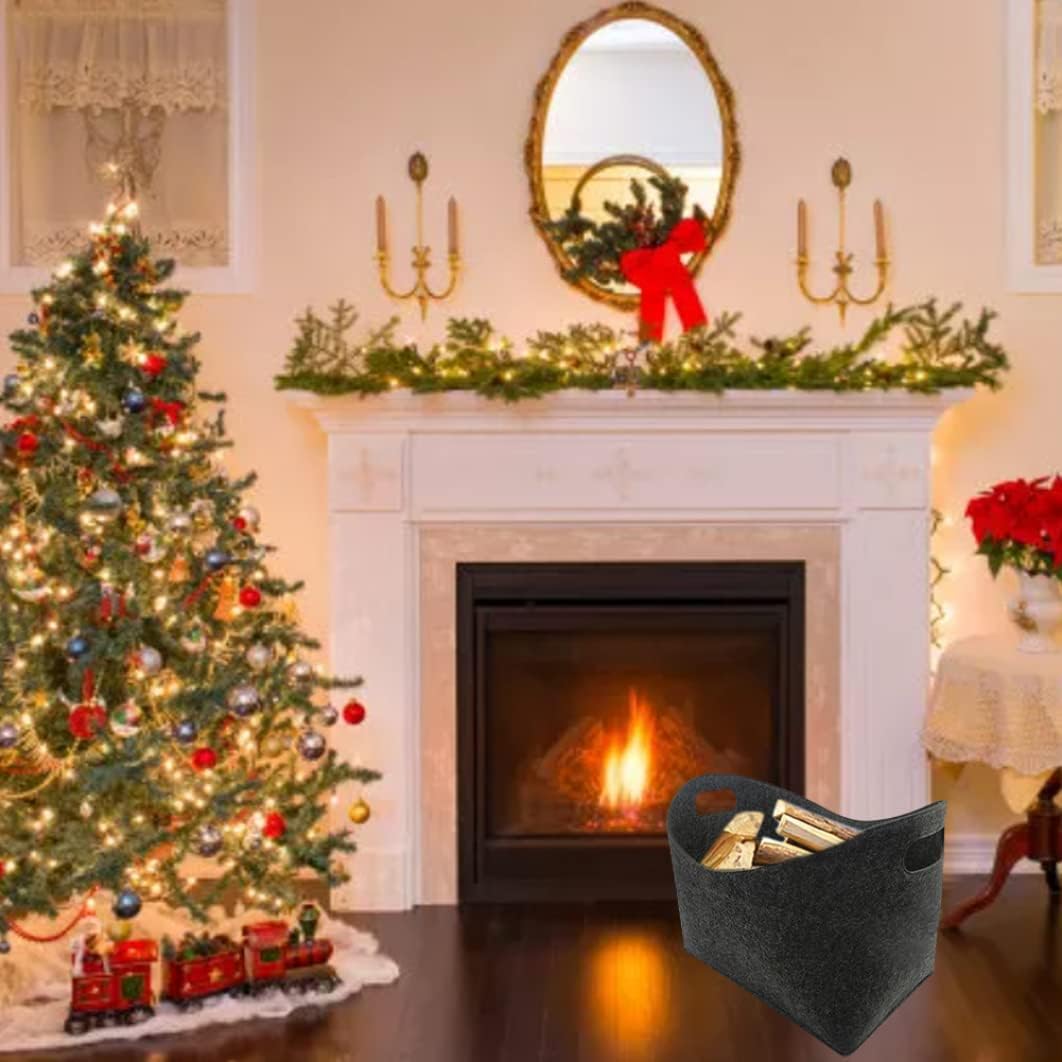 Felt Firewood Basket Foldable Fireplace Storage Bag Fireside Wood Carrier Holder Black.