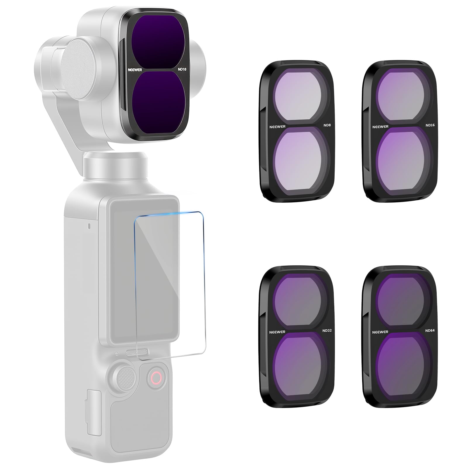 NEEWER Zestaw filtrów ND kompatybilny z DJI Osmo Pocket 4, ND8 + ND16 + ND32 + ND64, filtr obiektywu o neutralnej gęstości, filtr obiektywu do kamery sportowej Gimbal, folia ochronna na wyświetlacz