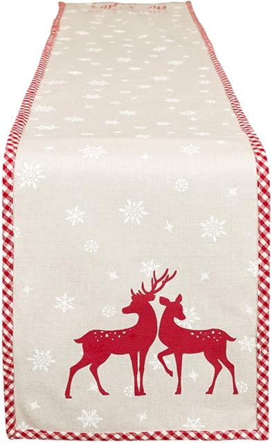 Cotton Table Runner 140cm Gingham Edge Red Woodland Stag Deer Design Dining Linen Tablecloth