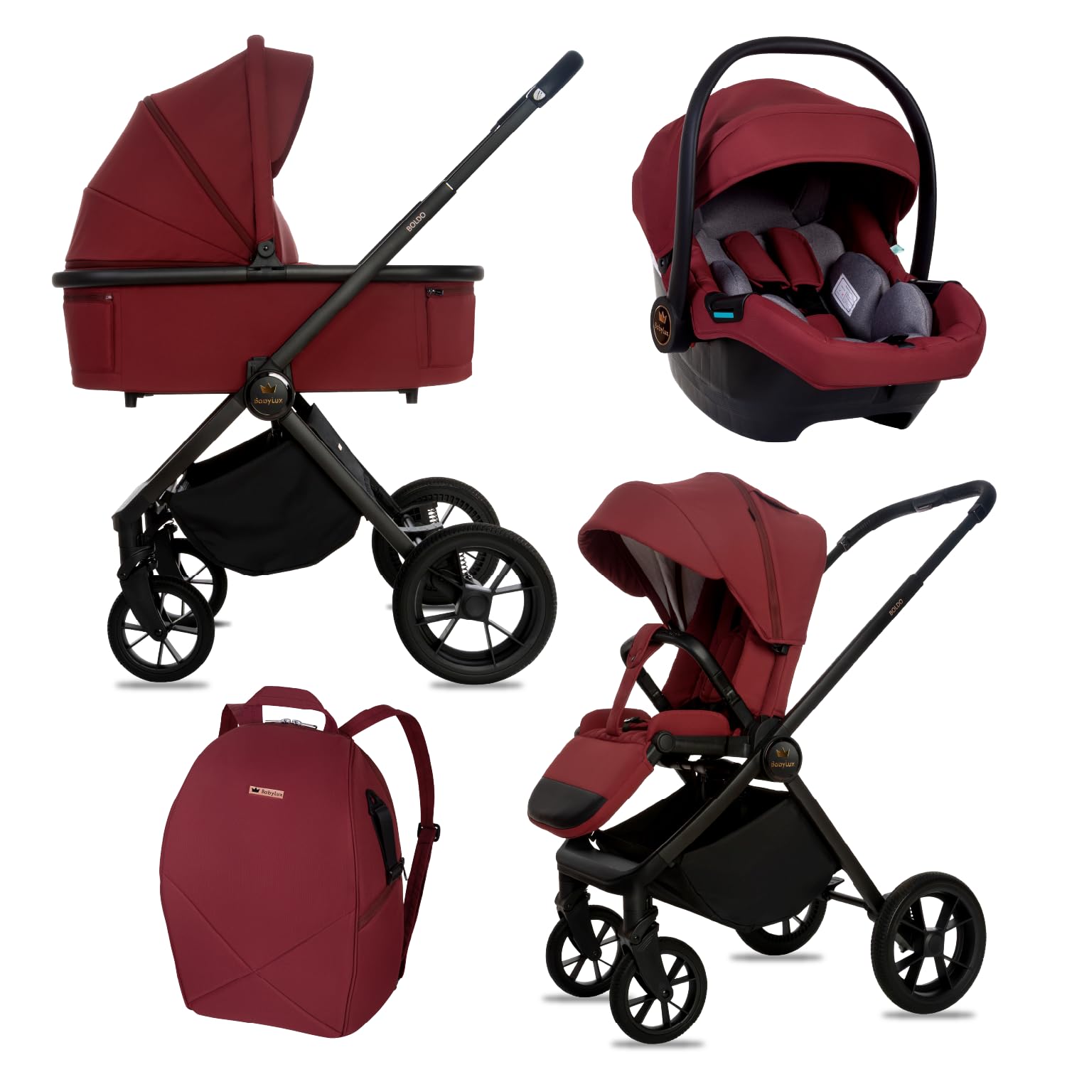 BabyLux® Carrito Bebe 3en1 BOLDO, Conjunto de Cochecito Ligero y Plegable | Incluye Capazo, Silla de Paseo, Portabebés i-Size, Bolso Cambiador y Más Accesorios, 0-22kg, Protección UV 50+,Ventilación
