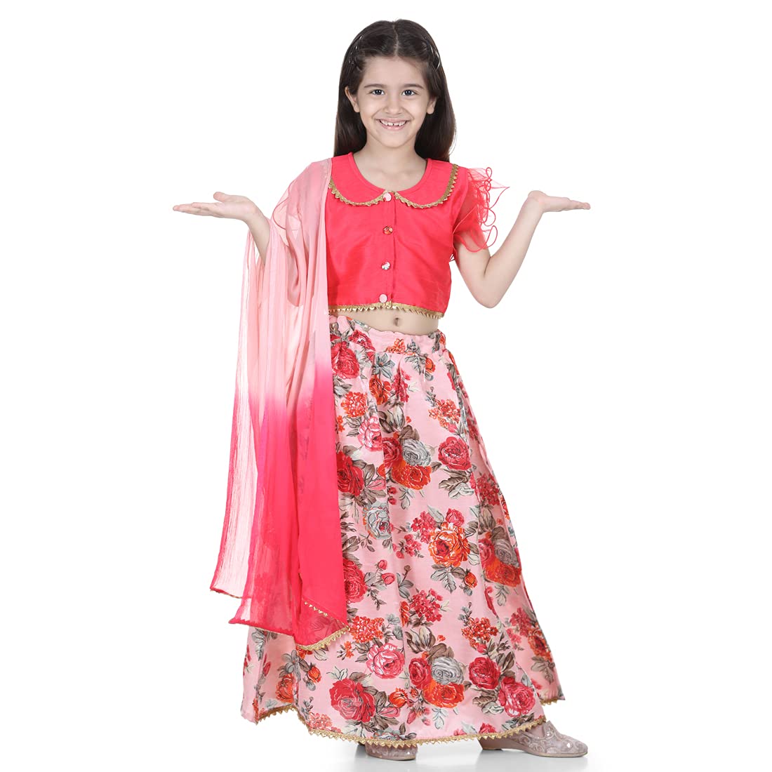 BownBeeRuffle Sleeve Floral Lehenga Choli With Dupatta Sets- Green