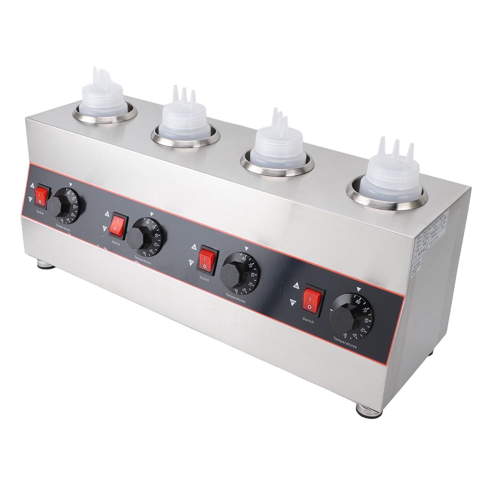 Fdit Calentador de Eléctrico con 4 Botellas Exprimibles, 640W Dispensador de Queso Comercial 2600ml 30-85°C Ajustable Acero Inoxidable para Nacho Queso Caramelo Chocolate (Enchufe Europeo 220V)
