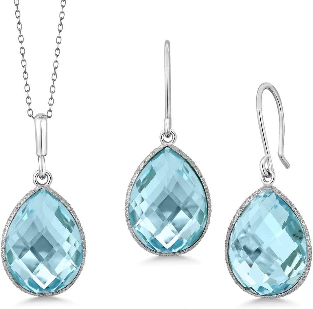 Gem Stone King 22.50 Cttw Blue Topaz Pendant and Earrings Jewelry Set For Women In 925 Sterling Silver | Pear Shape 16X12MM | Gemstone Birthstone | With 18 Inch Silver Chain