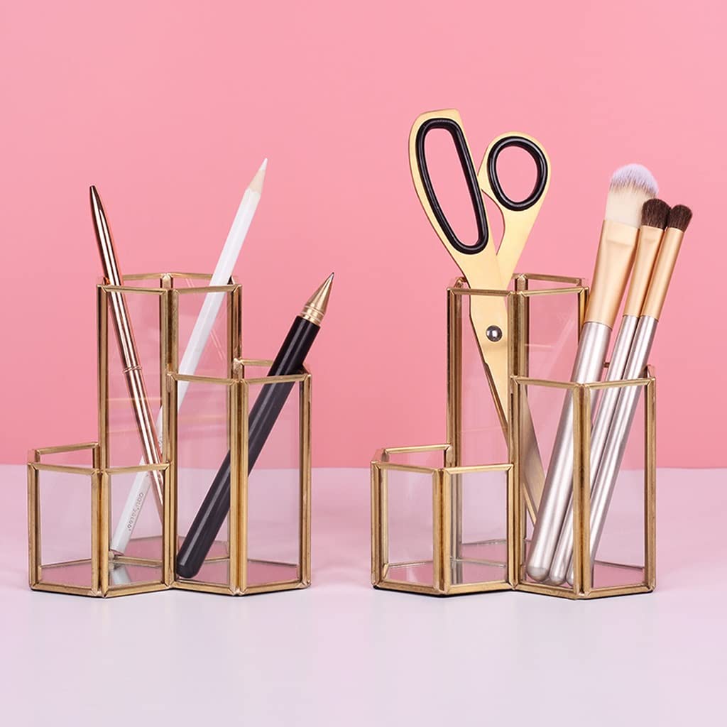 Stifteköcher Stifte Halter Gold Makeup Pinsel Holder Organizer, mit 3 Fächern, Stifthalter for Schreibtisch for Zuhause, Büro und Schule Schreibtisch-Organizer