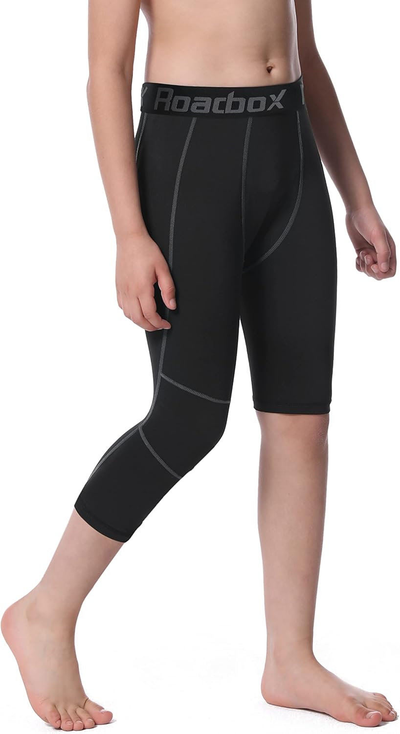 Roadbox Boys One Leg Compression Pants, 2Pack 3/4 Athletic Basketball Leggings, Youth Sports Baselayer Tights - Image 3