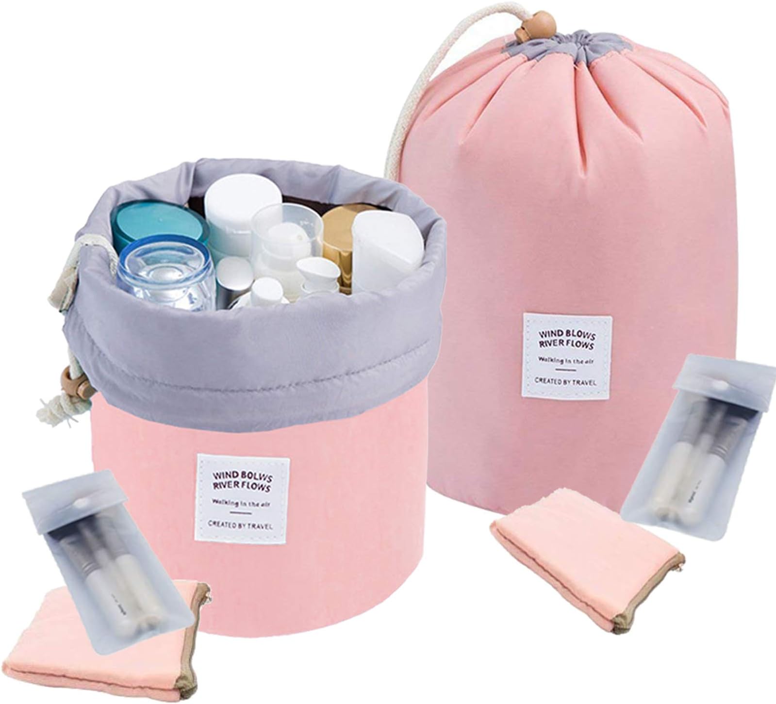 INVODA Travel Cosmetic Bags 2 Packs Waterproof Makeup Bags Multifunctional Bucket Toiletry Bag Barrel Cases Bathroom Storage Carry Cases Toiletry Bags Collapsible and Portable Cosmetic Cases
