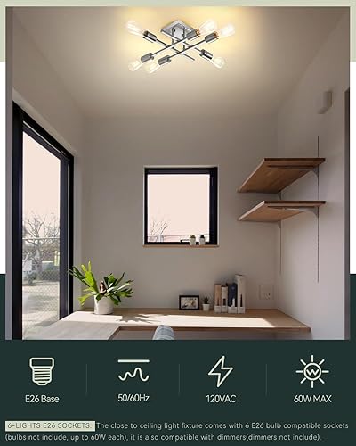 Miniatura 5 de Lámpara de techo semiempotrada de 6 luces, níquel cepillado industrial cerca del techo, moderna base E26 Sputnik lámpara de techo para cocina,