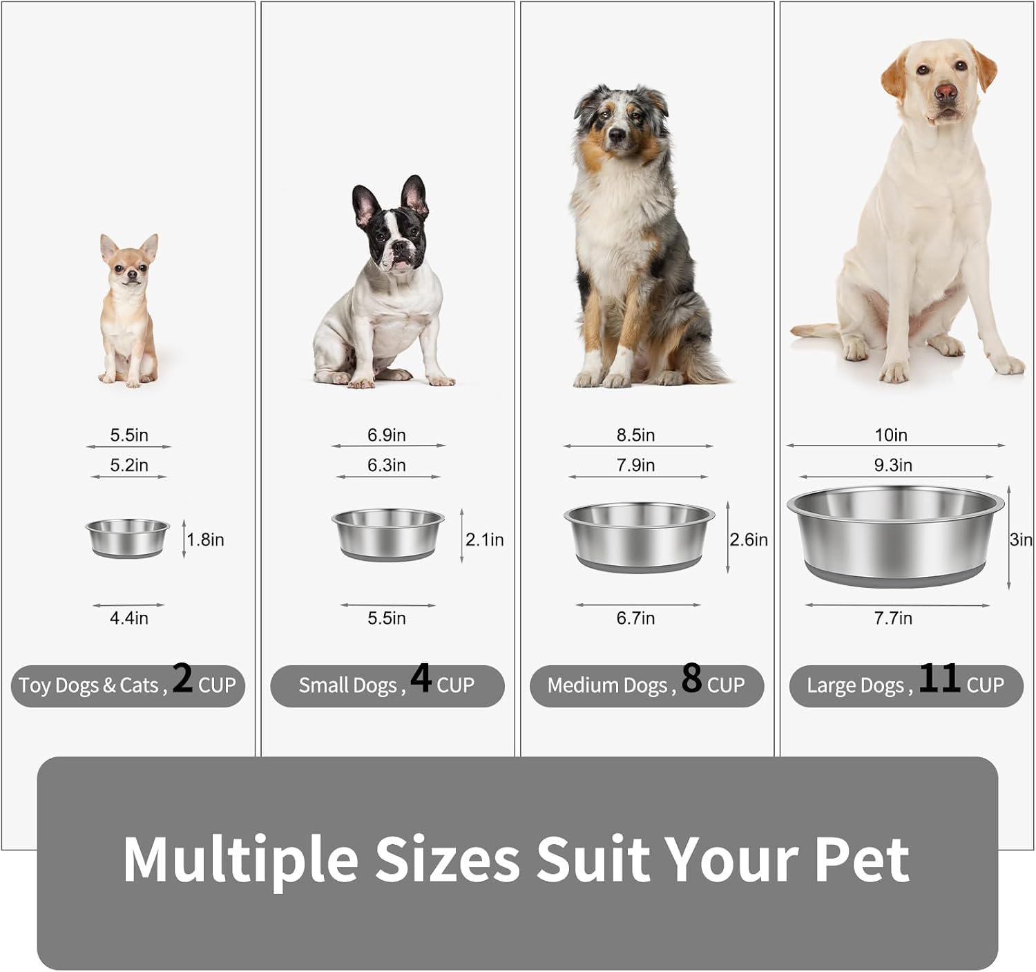 Taglory Stainless Steel Dog Bowls Set of 2, Non-Slip Base, 2 Cup, 17oz image 2