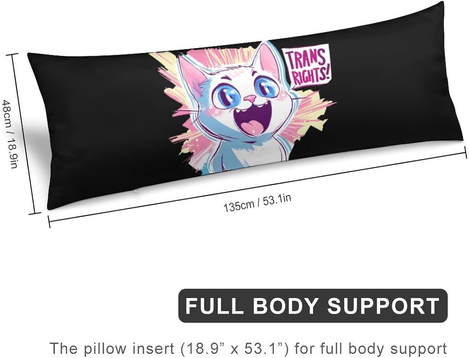 Trans Rights Cat Body Pillow Cover Long Cushion 18.9x53.1 Inch | pillowcase,bed decor,farmhouse,sofa