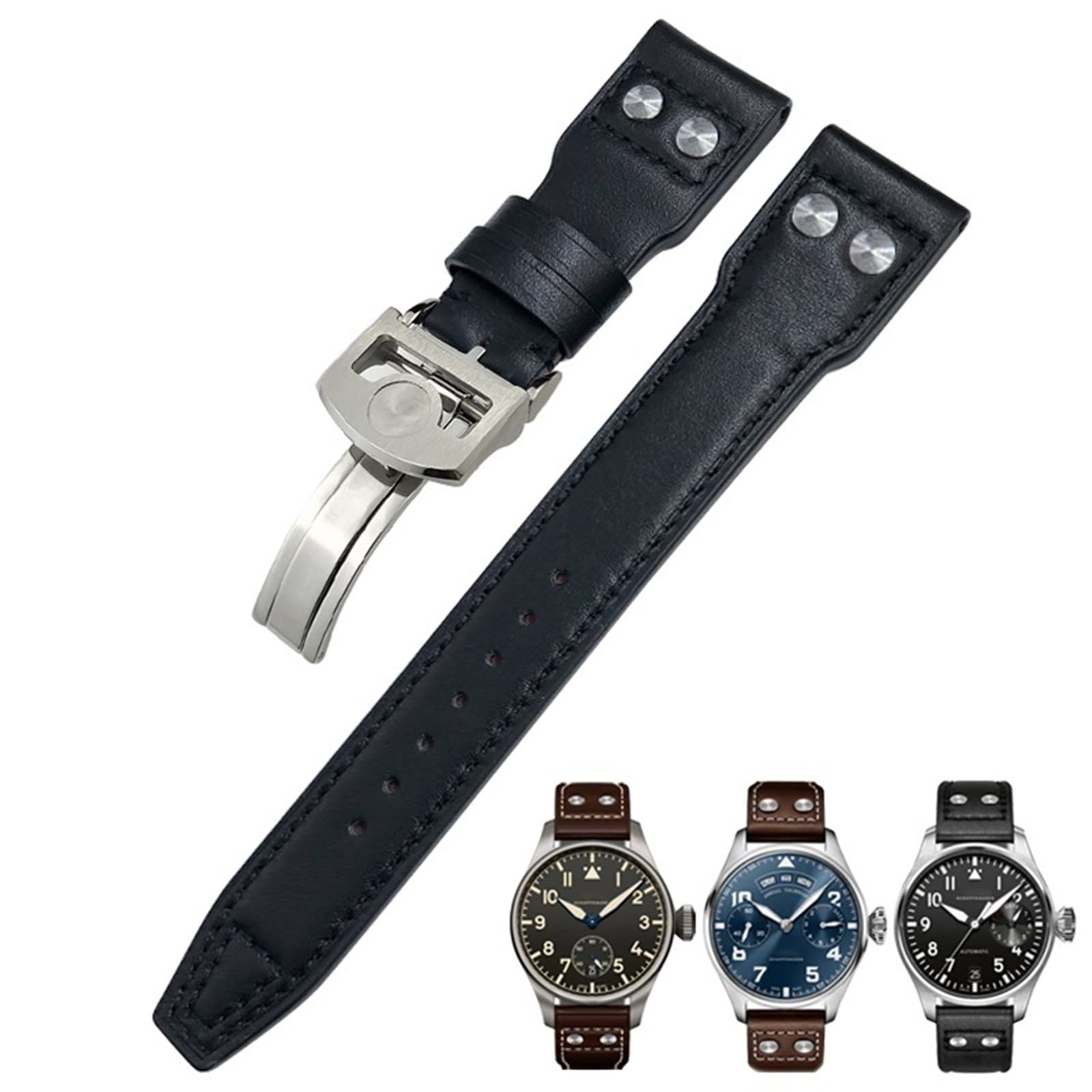 Cinturino in vera pelle con rivetti da 20 mm adatto per IWC Big Pilot TOP GUN Watch IW3777 cinturino in pelle di vitello, Gold Buckle, agata