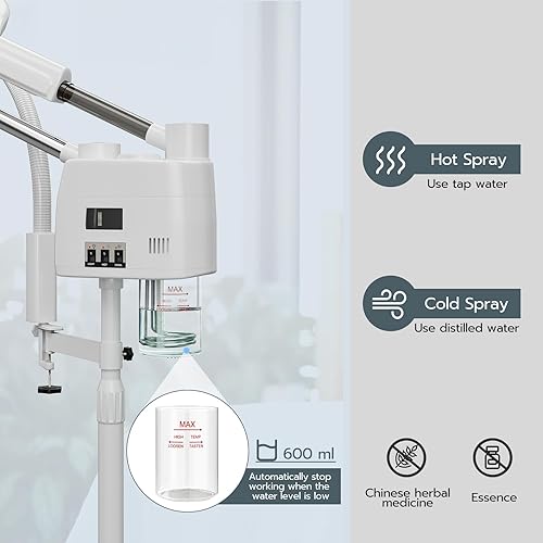 Miniatura 5 de Paddie Vaporizador facial profesional 3 en 1 sobre ruedas para esteticista, niebla fría y caliente, lámpara de aumento LED 5X, color blanco