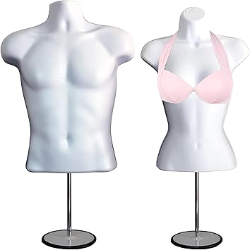 Male and Female Mannequin Torso with Metal Stand Hollow Back Body Stackable Dress Form for Tshirt Display, Countertop, Craft Shows, S-M Size White, Set of 1