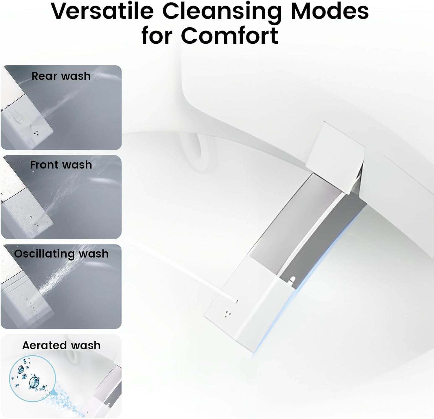 Illustrations of versatile cleansing modes: Rear wash, Front wash, Oscillating wash, and Aerated wash, showing water spray patterns.
