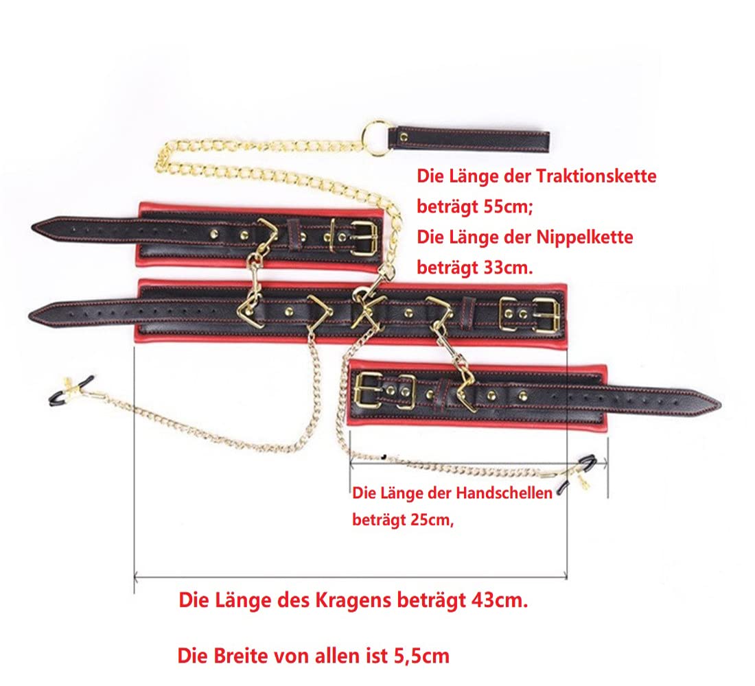 Collar de piel con grilletes para las manos, pinzas para los pezones, set de ataduras