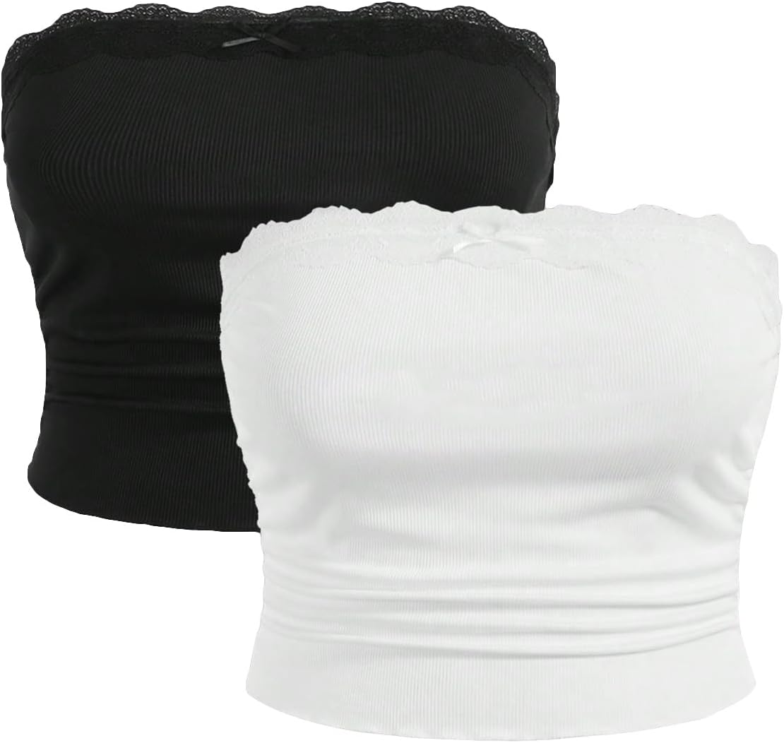 Floerns Women's 2 Pcs Plus Size Solid Strapless Lace Ruched Front Crop Tube Top